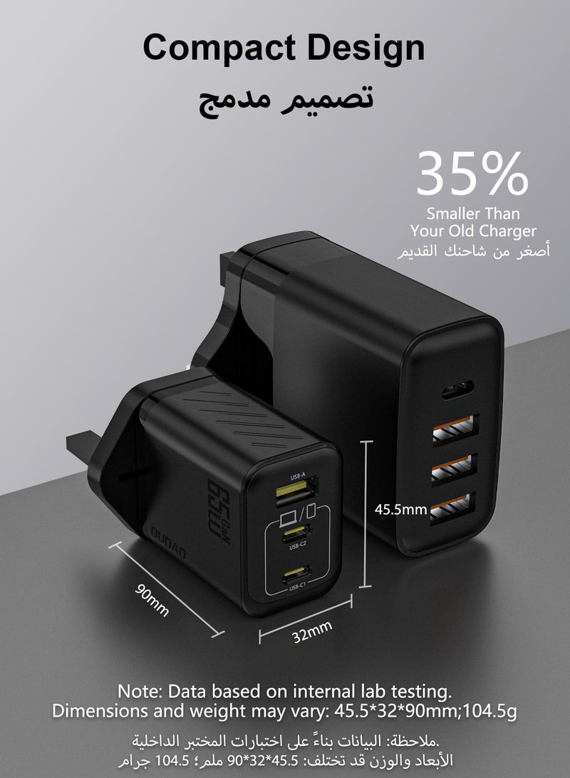 DUDAO 65W GaN 3-Port Super Fast Charger, Compact Laptop Charger Type C Wall Charger, USB + 2*Type-C Power Adapter, 9-Layer Safety Protection, Smart Temperature Control, Compatible with All Phone Models, Tablets, Laptops, Watches - Image 3